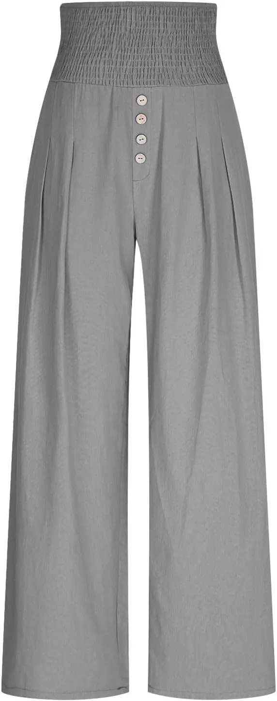 Lastesso Linen Pants Women Boho Wide Leg Trousers Tummy Control Summer Beach Travel Clothes Casual Flowy Pants with Pockets