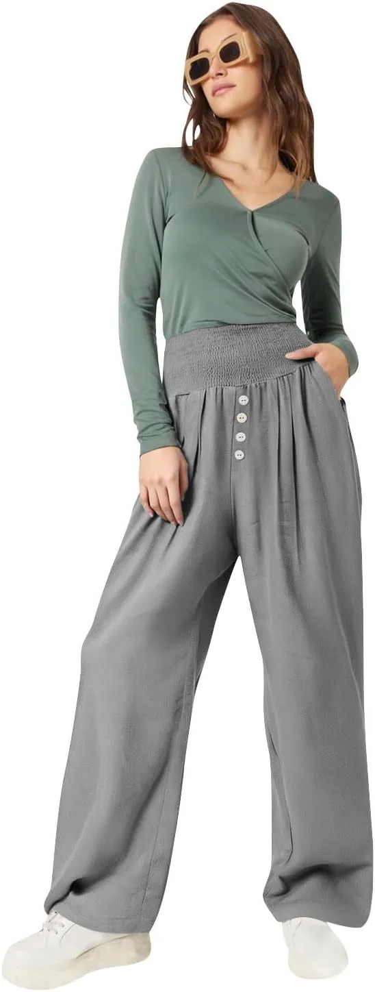 Lastesso Linen Pants Women Boho Wide Leg Trousers Tummy Control Summer Beach Travel Clothes Casual Flowy Pants with Pockets