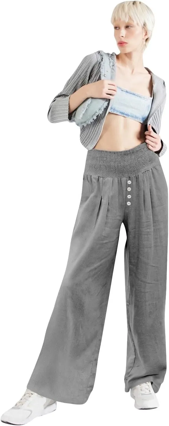 Lastesso Linen Pants Women Boho Wide Leg Trousers Tummy Control Summer Beach Travel Clothes Casual Flowy Pants with Pockets