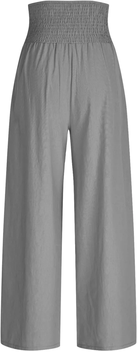 Lastesso Linen Pants Women Boho Wide Leg Trousers Tummy Control Summer Beach Travel Clothes Casual Flowy Pants with Pockets