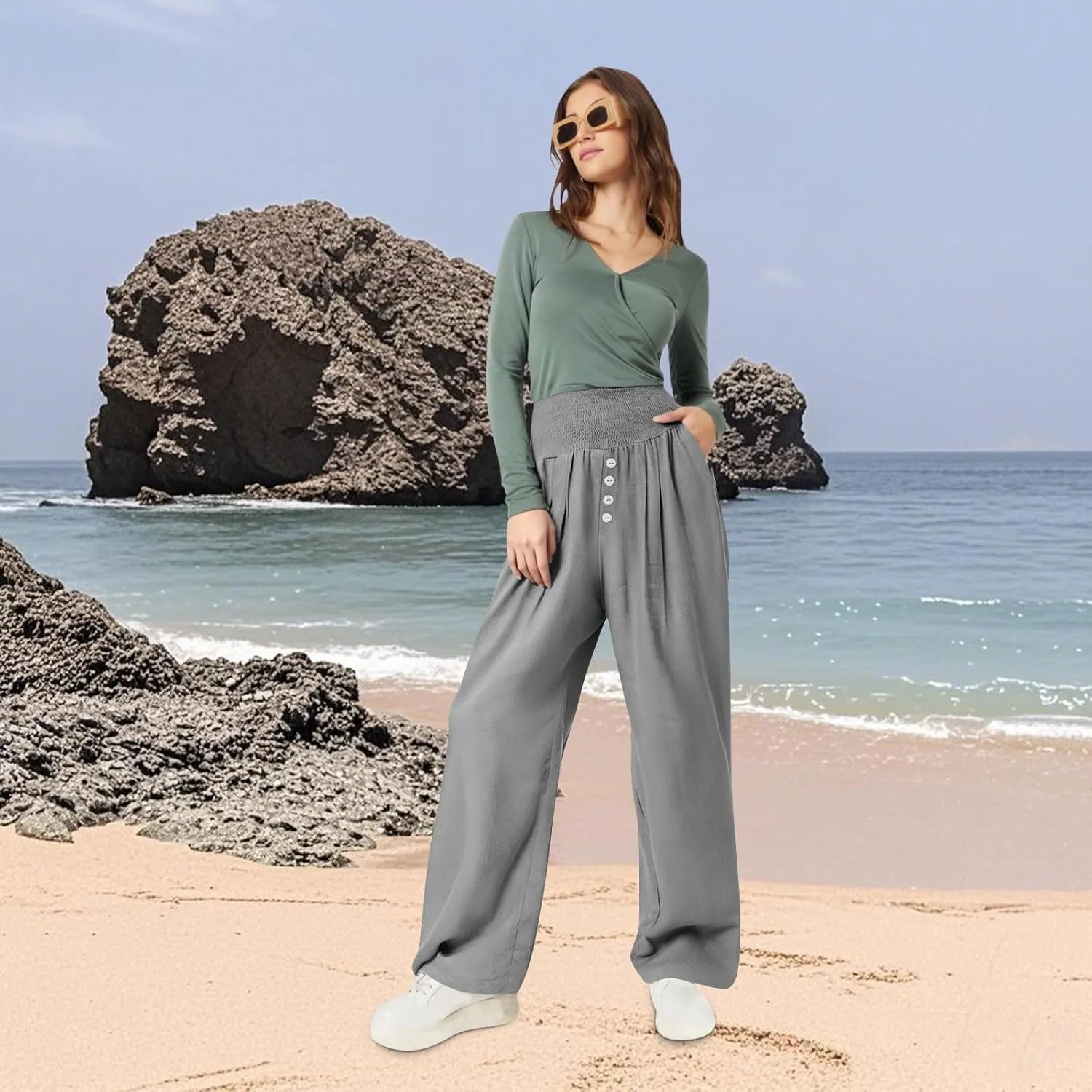 Lastesso Linen Pants Women Boho Wide Leg Trousers Tummy Control Summer Beach Travel Clothes Casual Flowy Pants with Pockets