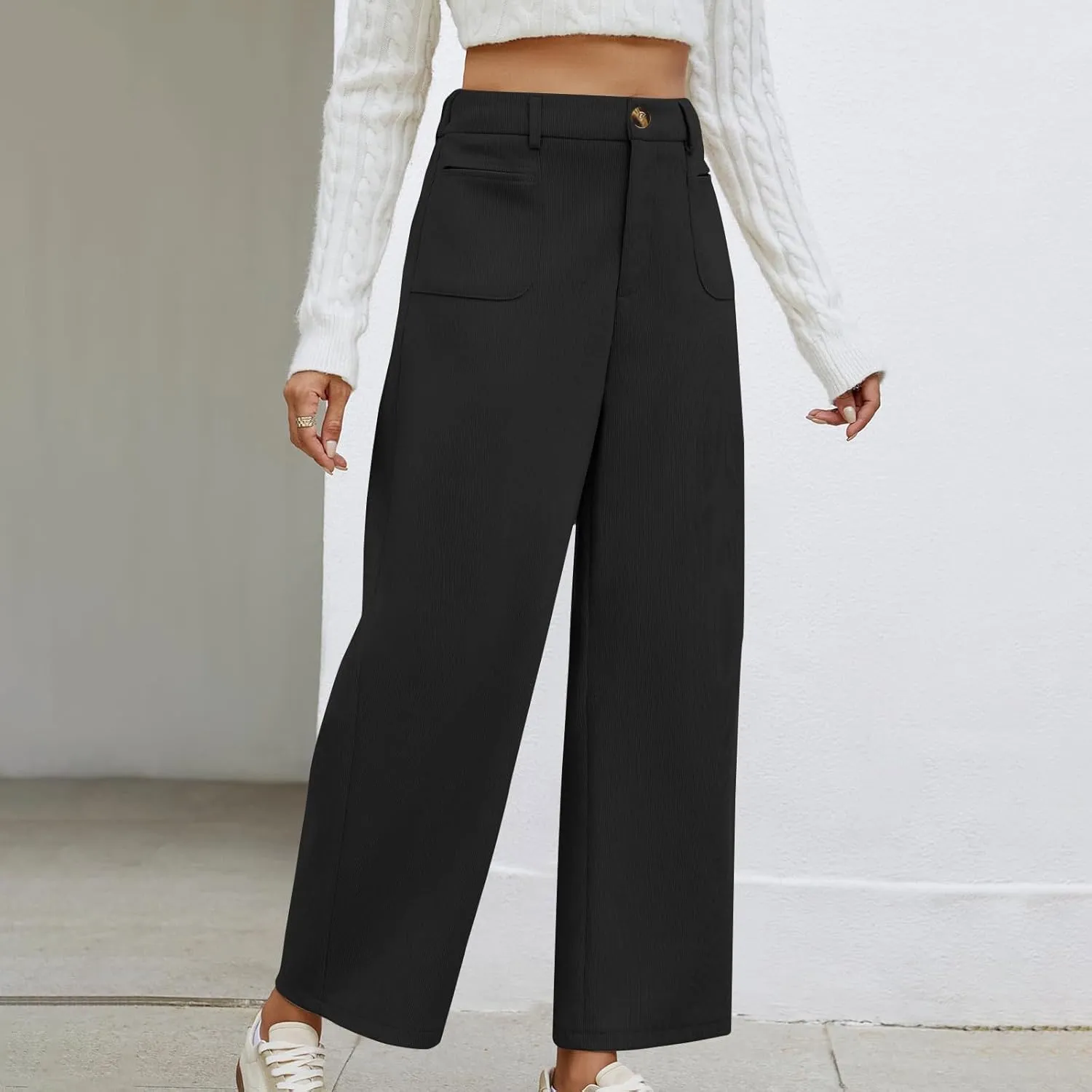Lastesso Pants for Women Soft Corduroy High Waisted Pants with Pockets Casual Business Lounge Long Trousers Solid Slacks