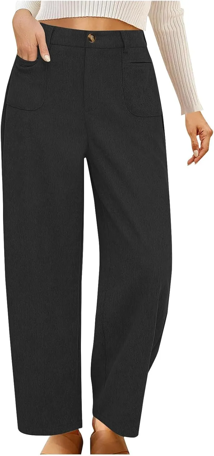 Lastesso Pants for Women Soft Corduroy High Waisted Pants with Pockets Casual Business Lounge Long Trousers Solid Slacks