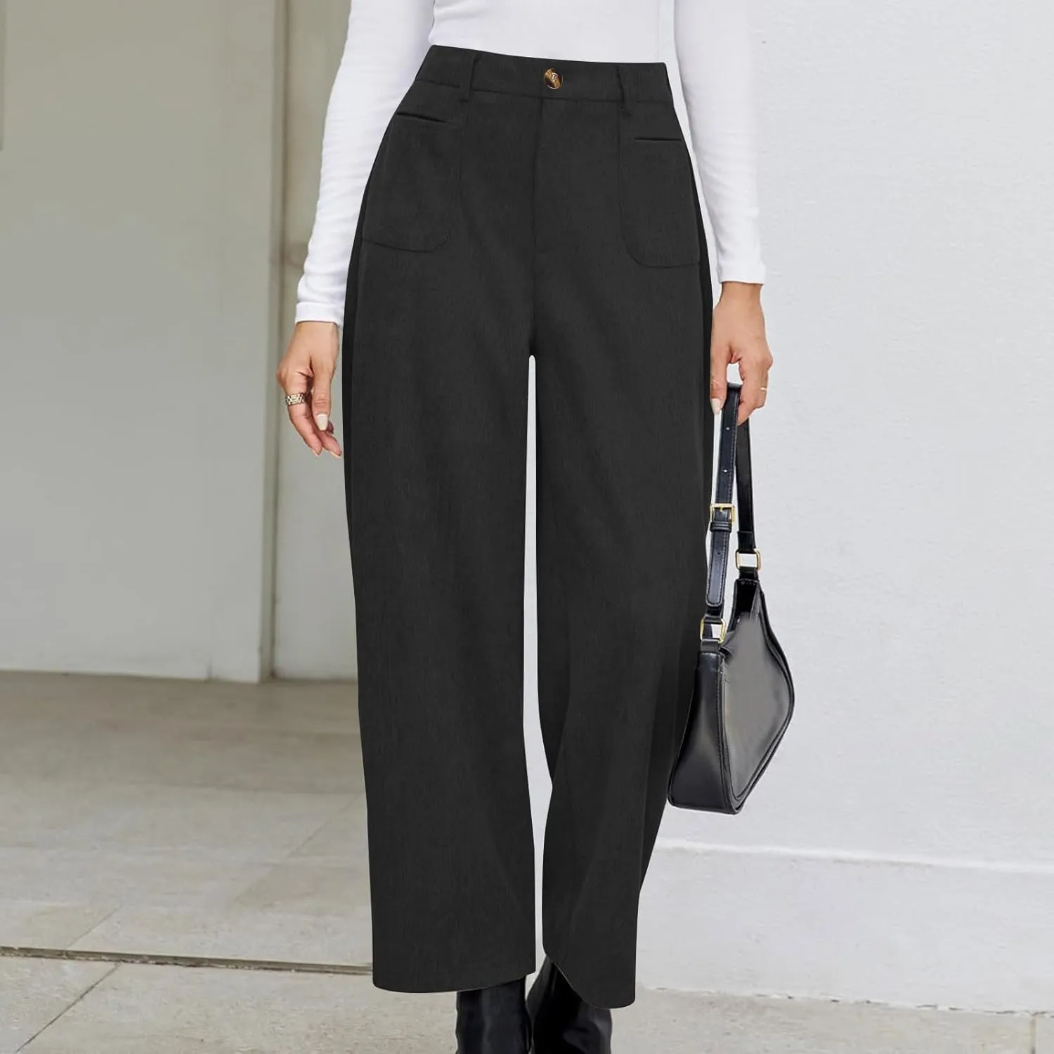 Lastesso Pants for Women Soft Corduroy High Waisted Pants with Pockets Casual Business Lounge Long Trousers Solid Slacks