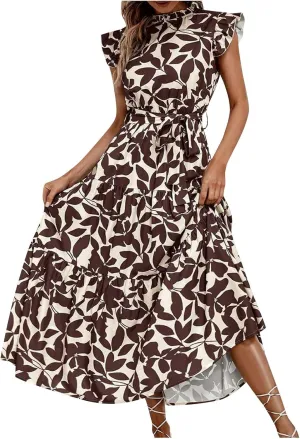 Lastesso Sundresses for Women 2024 Ruffle Cap Sleeve High Neck Dresses Trendy Printing Tie Summer Long Dress with Tie Waist