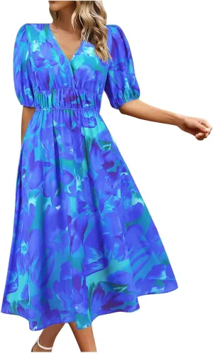 Lastesso Sundresses for Women Floar Print Flowy Maxi Dresses Casual V Neck Short Sleeve Outfits Summer Beach Sun Dresses