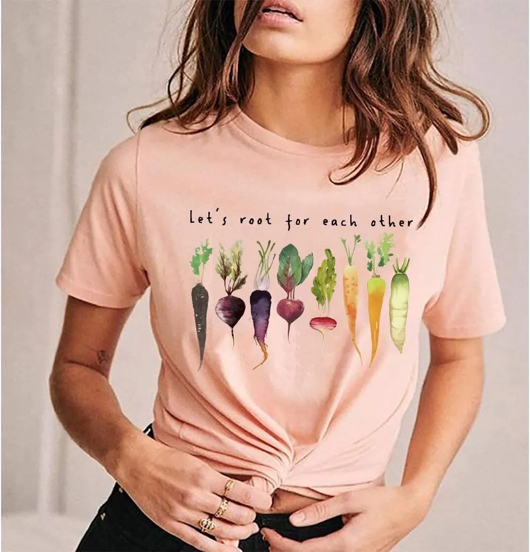 Let's Root for Each Other Plants Shirt for Women Novelty Vegetable Graphic Gardening Tees Funny Plant Lover T-Shirt