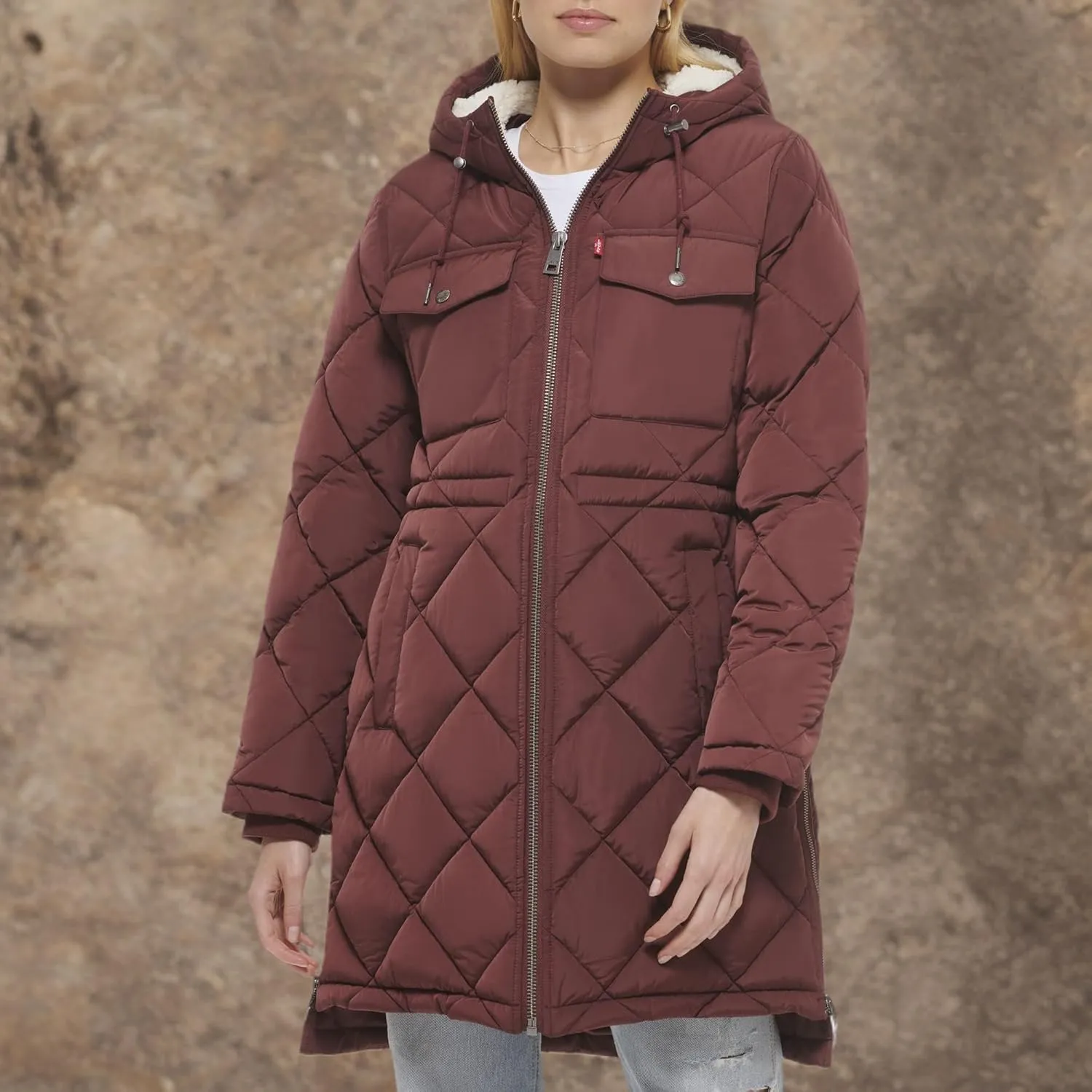 Levi's Womens Soft Sherpa Lined Diamond Quilted Long Parka Jacket
