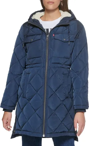Levi's Womens Soft Sherpa Lined Diamond Quilted Long Parka Jacket