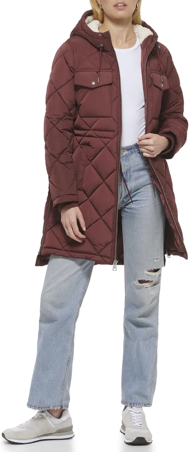 Levi's Womens Soft Sherpa Lined Diamond Quilted Long Parka Jacket