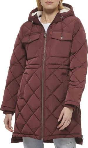Levi's Womens Soft Sherpa Lined Diamond Quilted Long Parka Jacket