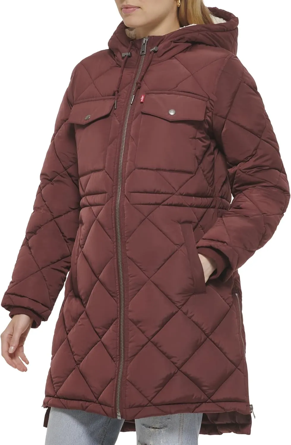 Levi's Womens Soft Sherpa Lined Diamond Quilted Long Parka Jacket