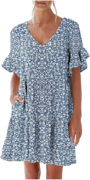 LFEOOST Summer Dresses for Women Loose Casual Ruffles Short Sleeve V Neck Floral Print Smocked Mini Dress with Pocket