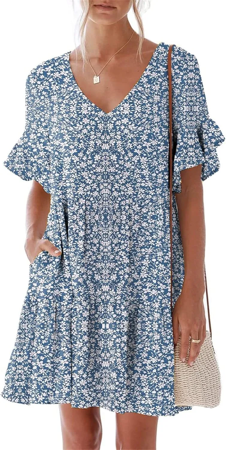 LFEOOST Summer Dresses for Women Loose Casual Ruffles Short Sleeve V Neck Floral Print Smocked Mini Dress with Pocket