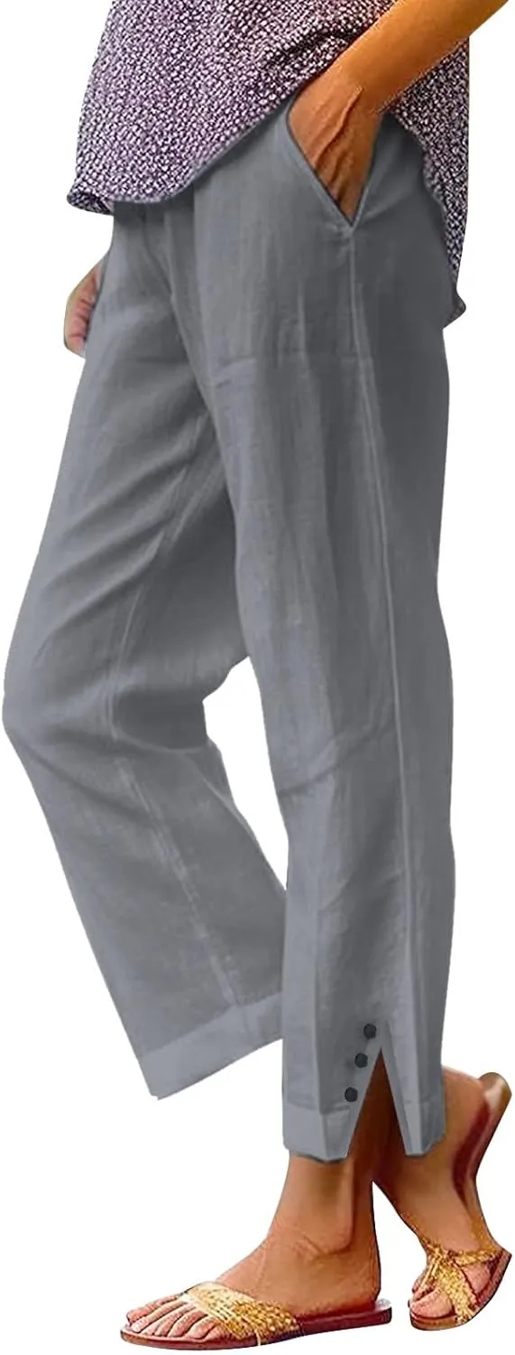 Linen Capri Pants for Women 2025 Cotton Summer lastic Waist Straight Leg Loose Beach Bermuda Trousers with Pockets