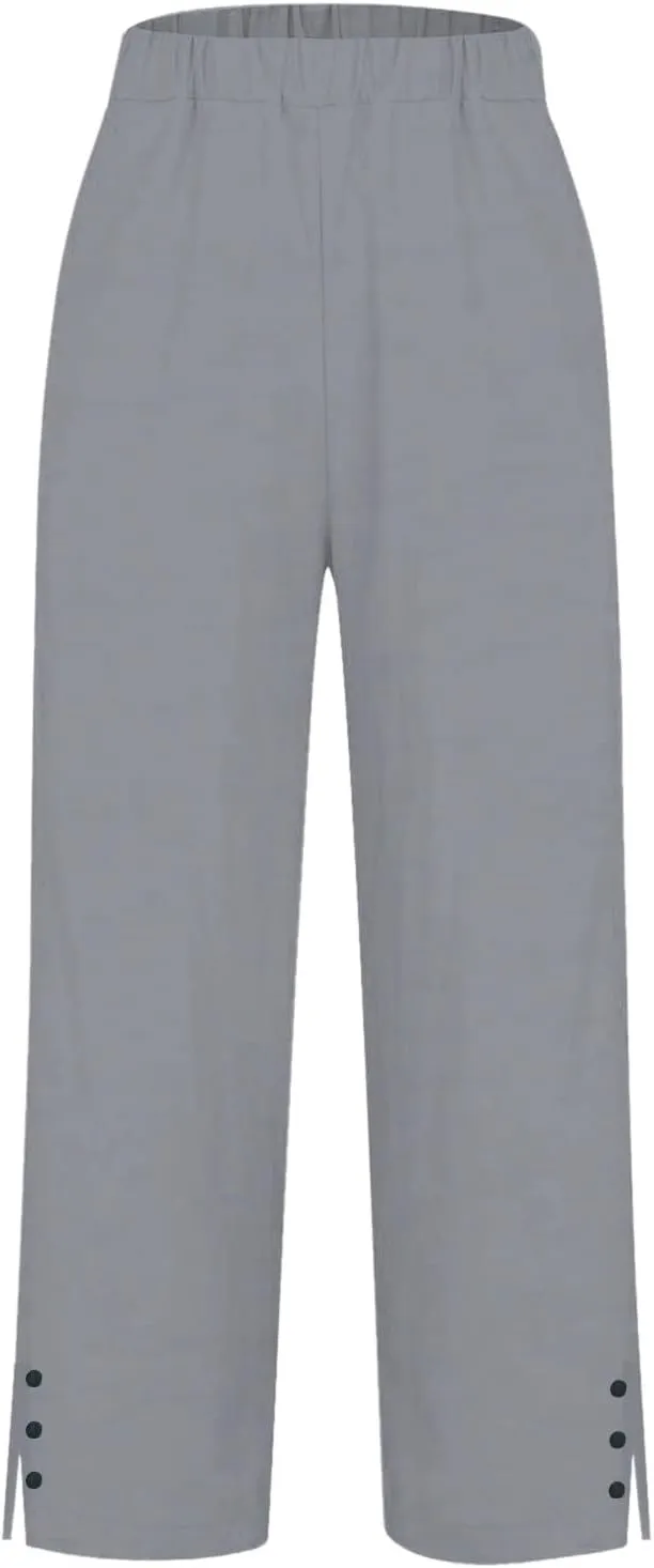 Linen Capri Pants for Women 2025 Cotton Summer lastic Waist Straight Leg Loose Beach Bermuda Trousers with Pockets