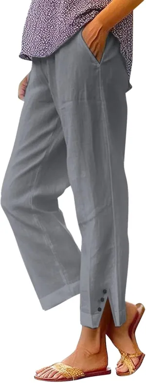 Linen Capri Pants for Women 2025 Cotton Summer lastic Waist Straight Leg Loose Beach Bermuda Trousers with Pockets