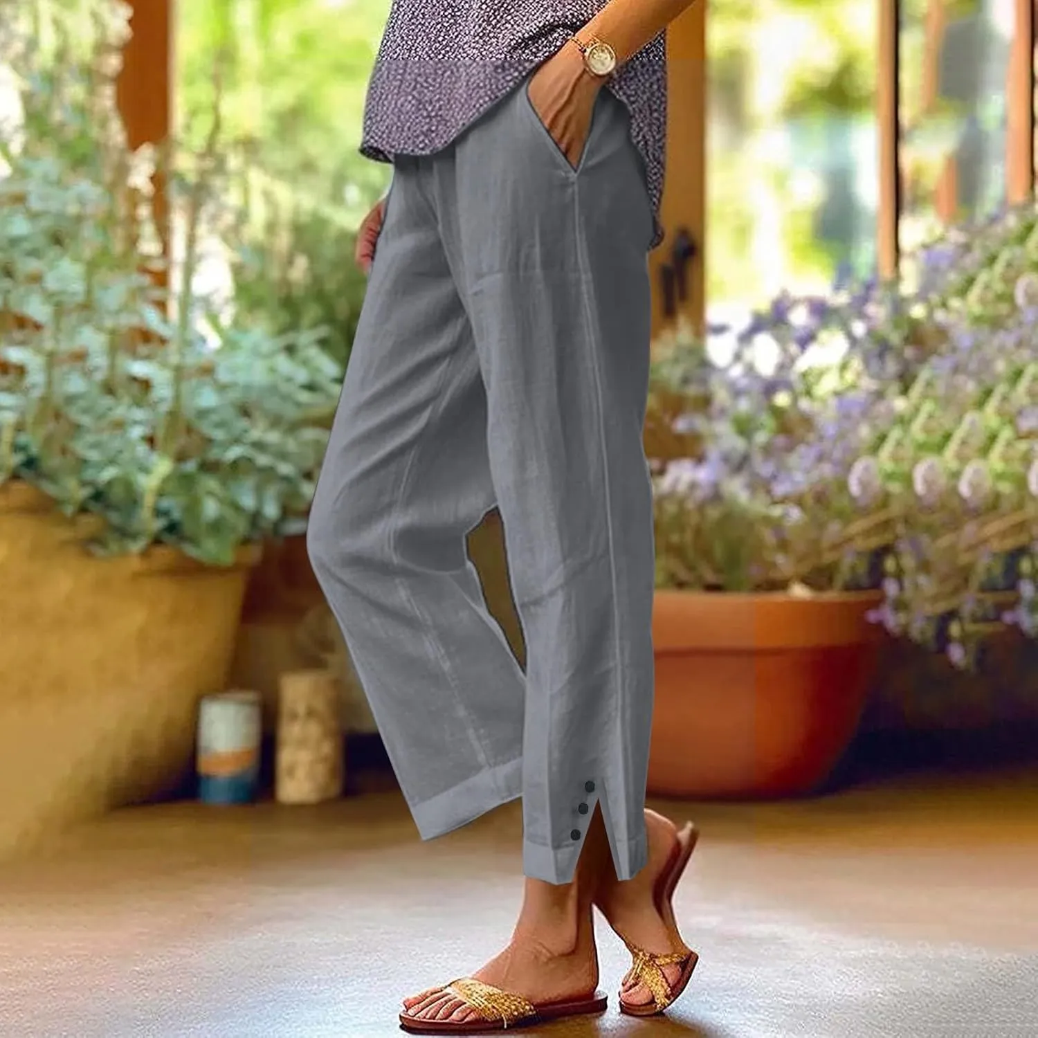 Linen Capri Pants for Women 2025 Cotton Summer lastic Waist Straight Leg Loose Beach Bermuda Trousers with Pockets