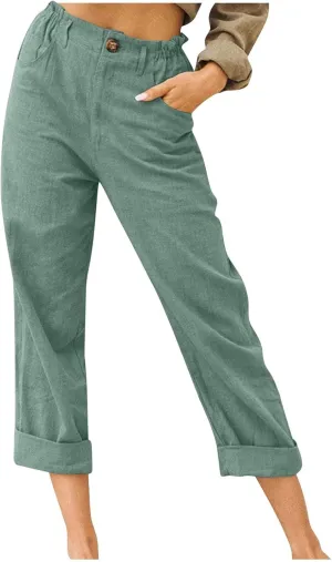 Linen Capri Pants for Women Summer Elastic Waisted Cropped Pants Casual Cotton Trousers with Pockets Plus Size Capris