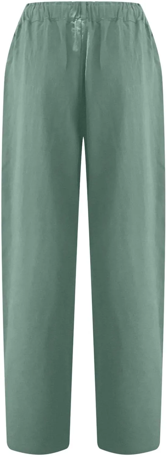 Linen Capri Pants for Women Summer Elastic Waisted Cropped Pants Casual Cotton Trousers with Pockets Plus Size Capris