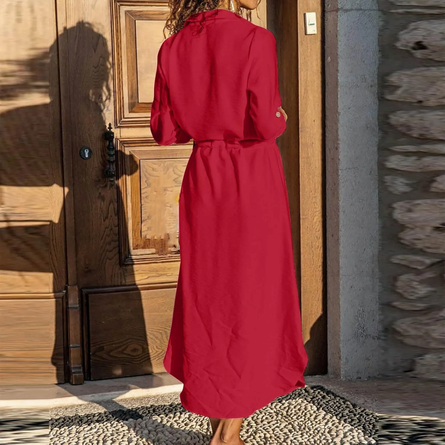 Linen Dress for Women Summer Cotton Midi Button Down Dresses Plus Size Tunic Waist Split Casual Office Tshirt Dress