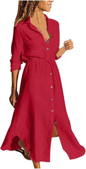 Linen Dress for Women Summer Cotton Midi Button Down Dresses Plus Size Tunic Waist Split Casual Office Tshirt Dress