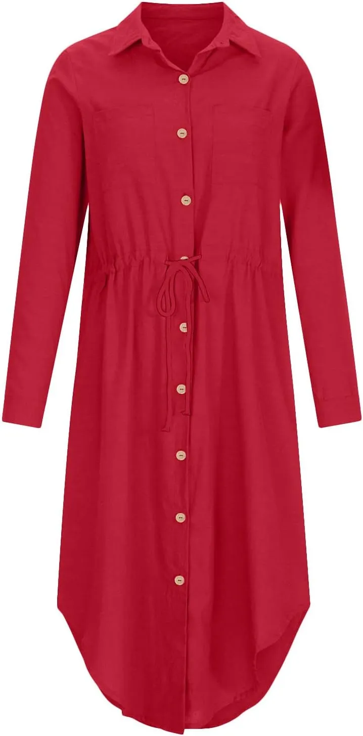 Linen Dress for Women Summer Cotton Midi Button Down Dresses Plus Size Tunic Waist Split Casual Office Tshirt Dress