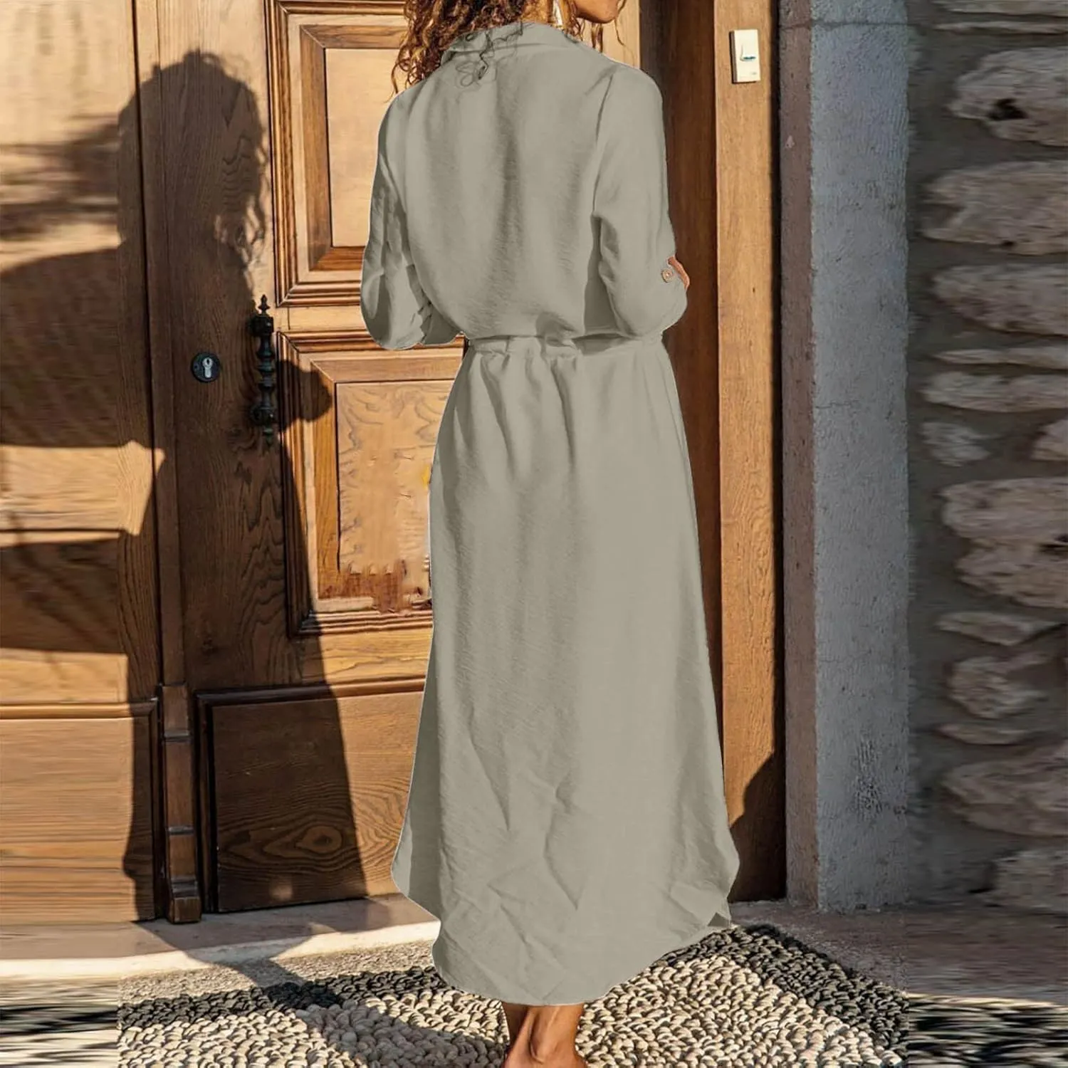 Linen Dress for Women Summer Cotton Midi Button Down Dresses Plus Size Tunic Waist Split Casual Office Tshirt Dress