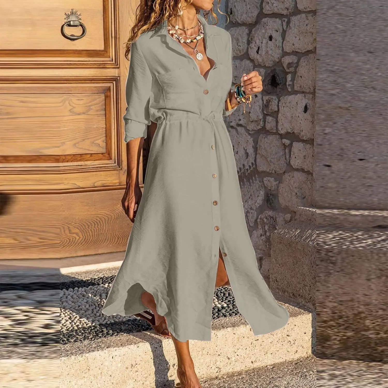 Linen Dress for Women Summer Cotton Midi Button Down Dresses Plus Size Tunic Waist Split Casual Office Tshirt Dress