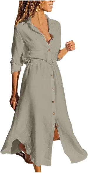 Linen Dress for Women Summer Cotton Midi Button Down Dresses Plus Size Tunic Waist Split Casual Office Tshirt Dress