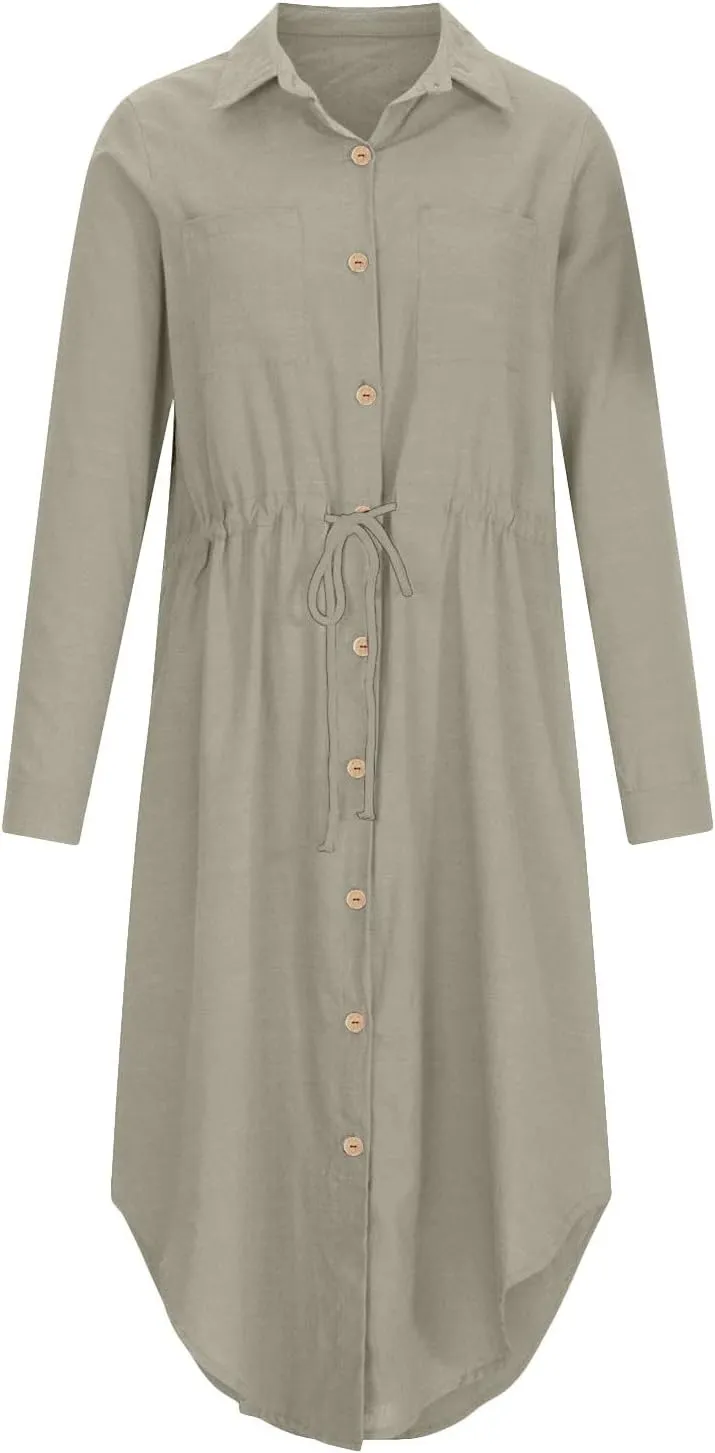 Linen Dress for Women Summer Cotton Midi Button Down Dresses Plus Size Tunic Waist Split Casual Office Tshirt Dress