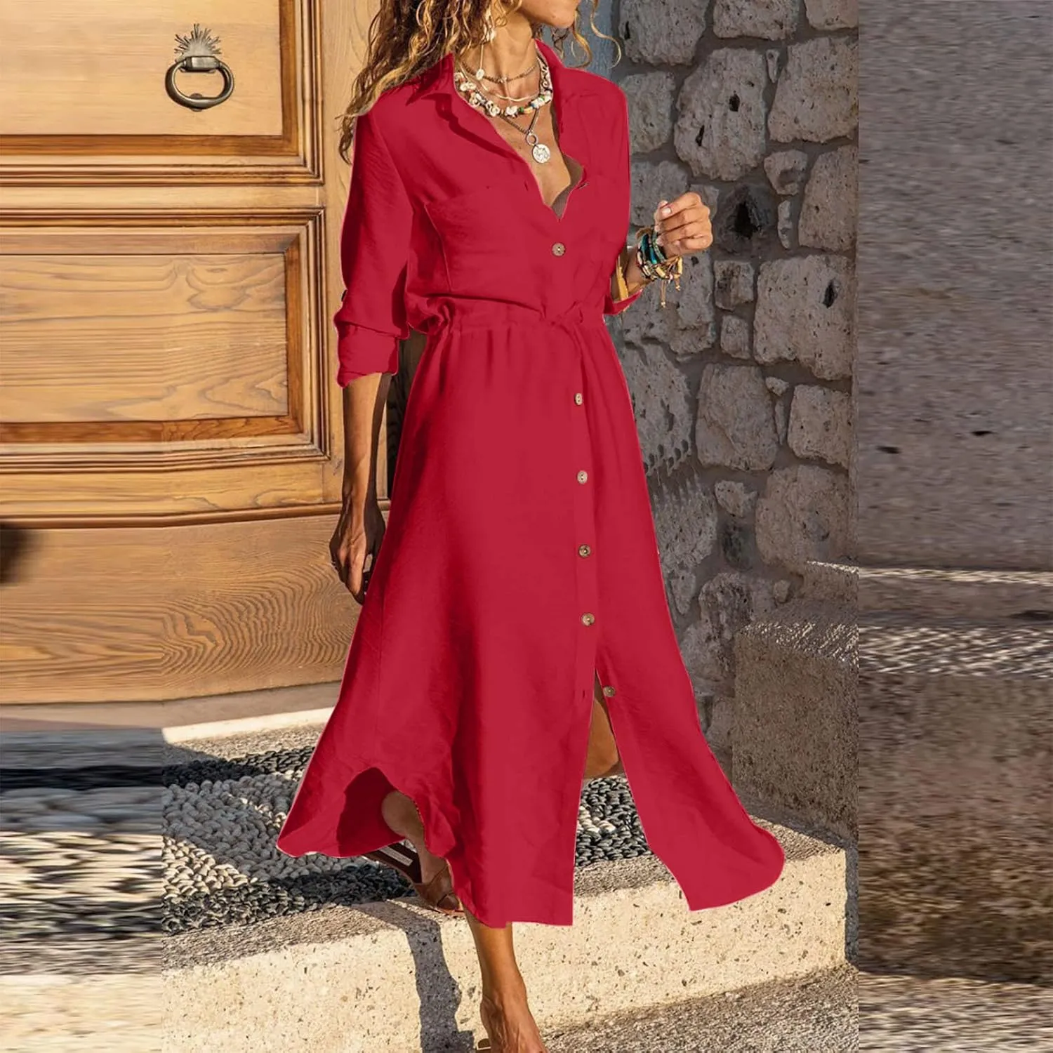 Linen Dress for Women Summer Cotton Midi Button Down Dresses Plus Size Tunic Waist Split Casual Office Tshirt Dress