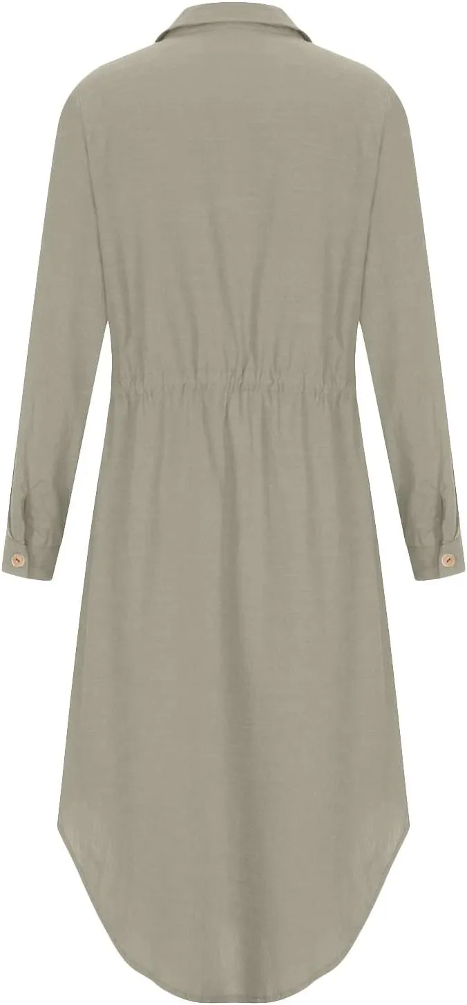 Linen Dress for Women Summer Cotton Midi Button Down Dresses Plus Size Tunic Waist Split Casual Office Tshirt Dress