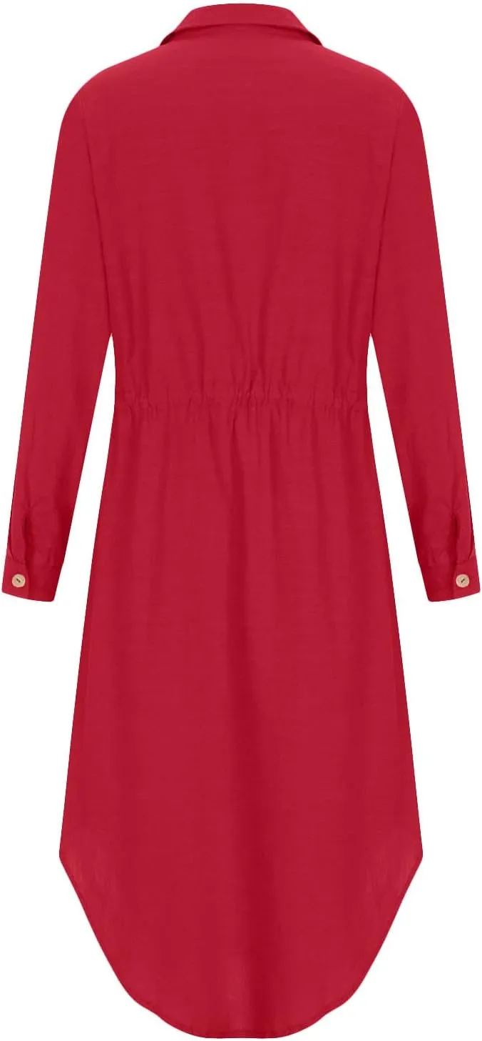 Linen Dress for Women Summer Cotton Midi Button Down Dresses Plus Size Tunic Waist Split Casual Office Tshirt Dress