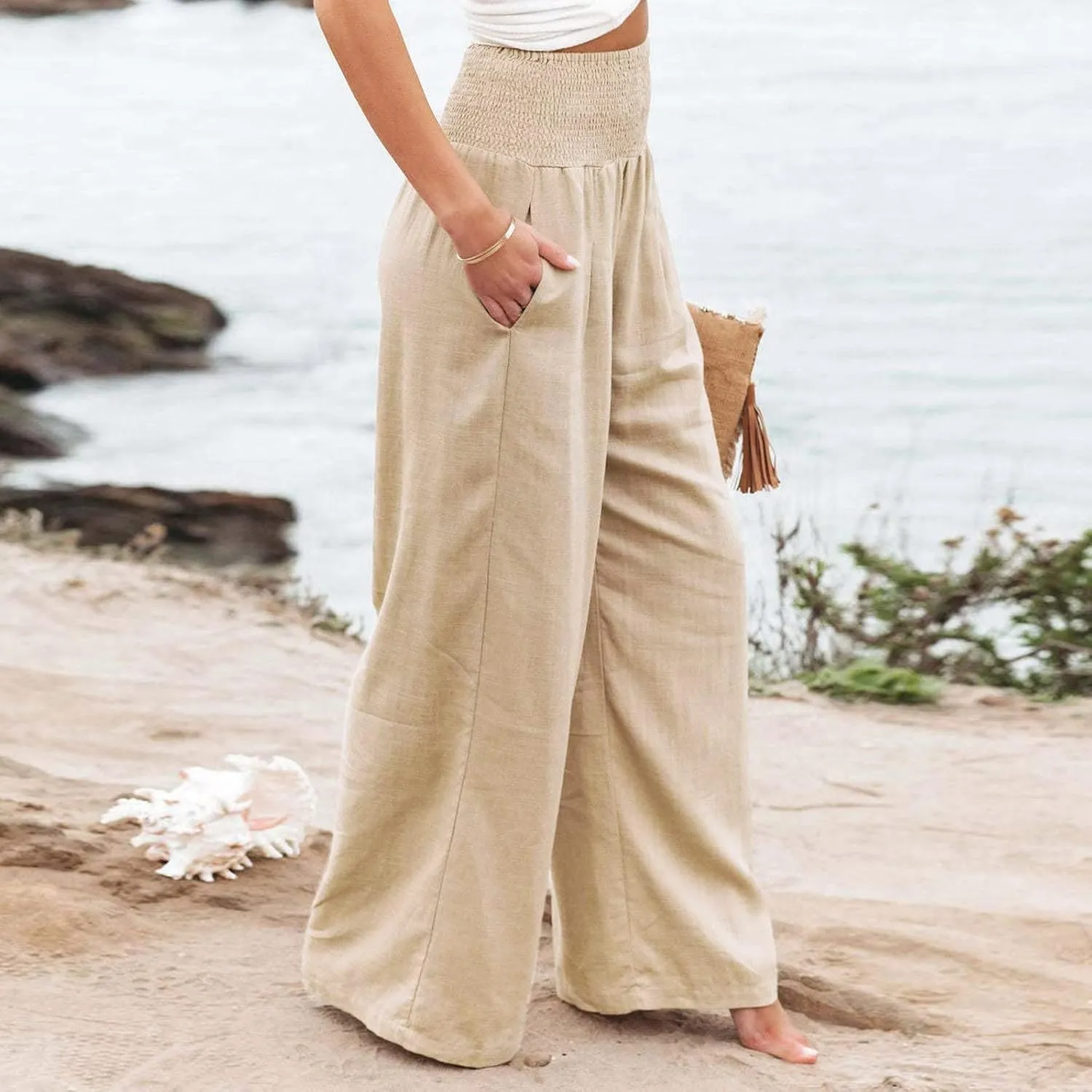 Linen Palazzo Pants For Women Summer Boho Wide Leg High Waist Trousers Casual Lounge Pants Trousers with Pockets