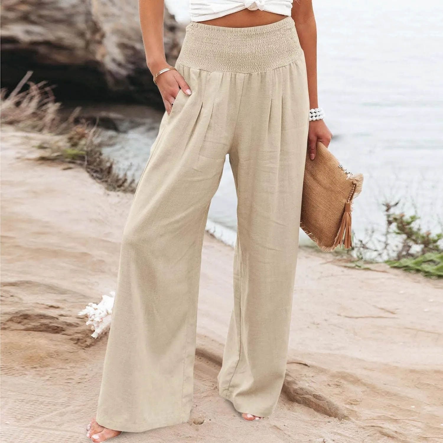 Linen Palazzo Pants For Women Summer Boho Wide Leg High Waist Trousers Casual Lounge Pants Trousers with Pockets