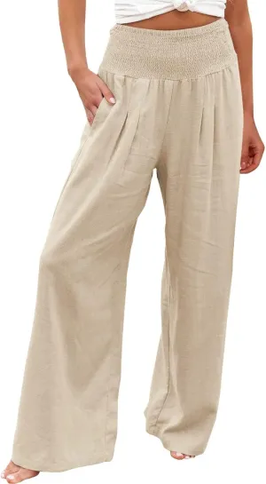 Linen Palazzo Pants For Women Summer Boho Wide Leg High Waist Trousers Casual Lounge Pants Trousers with Pockets