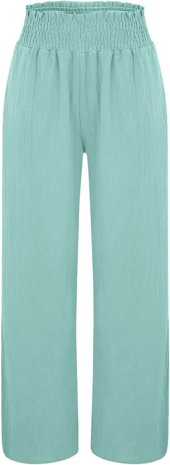 Linen Palazzo Pants for Women Wide Leg Elastic High Waist Printed Pants Flowy Drawstring Smocked Lounge Trousers