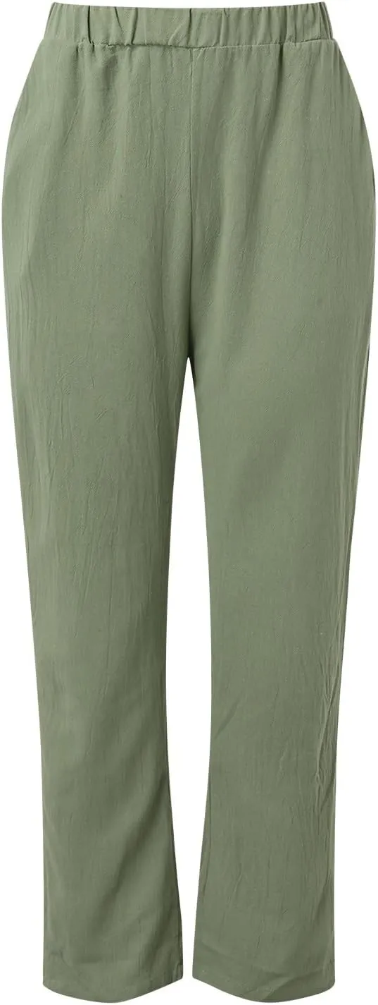 Linen Pants for Women 2025 Plus Size Trendy Spring Summer Gauze Pants Casual Elastic Waist Comfy Trousers Palazzo Capris