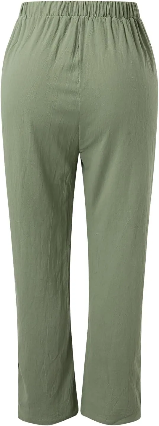 Linen Pants for Women 2025 Plus Size Trendy Spring Summer Gauze Pants Casual Elastic Waist Comfy Trousers Palazzo Capris