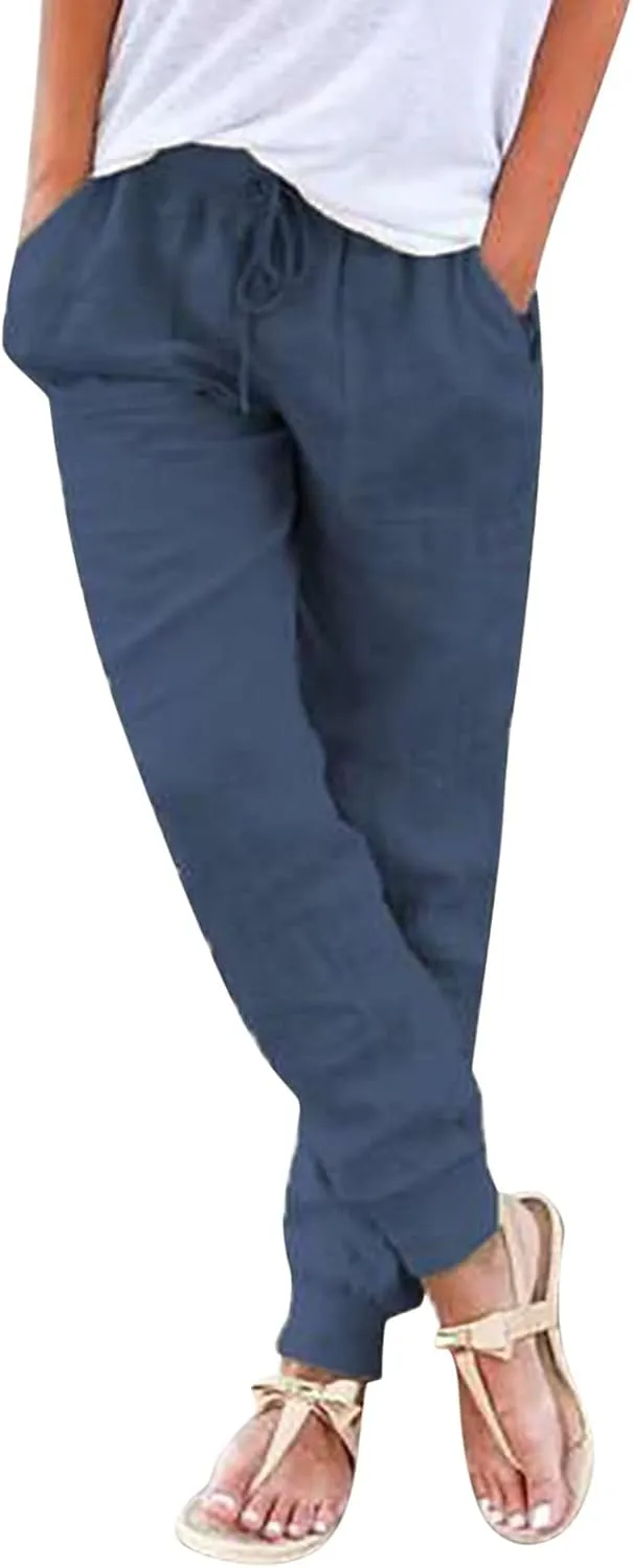 Linen Pants for Women Casual 2024 Summer Drawstring Elastic High Waist Palazzo Pants Straight Wide Leg Lounge