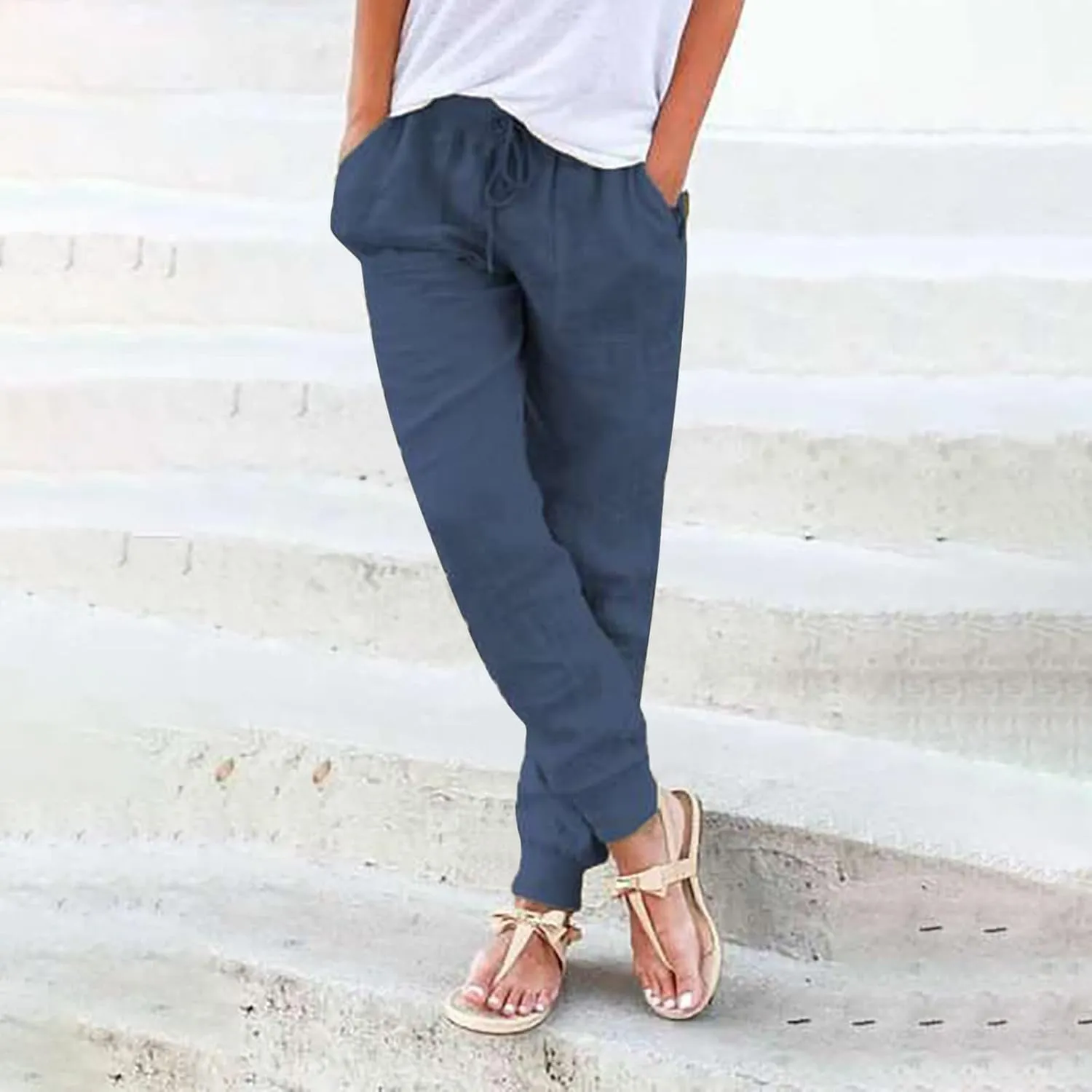 Linen Pants for Women Casual 2024 Summer Drawstring Elastic High Waist Palazzo Pants Straight Wide Leg Lounge