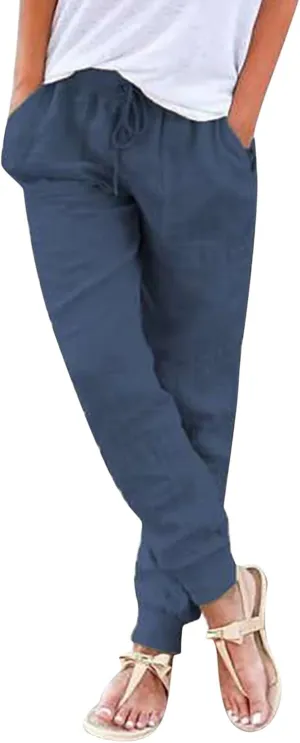 Linen Pants for Women Casual 2024 Summer Drawstring Elastic High Waist Palazzo Pants Straight Wide Leg Lounge