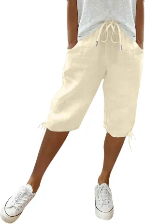 Linen Pants for Women Solid Color Casual Side Lace Summer Drawstring Pants with Pocket for Beach Vacations