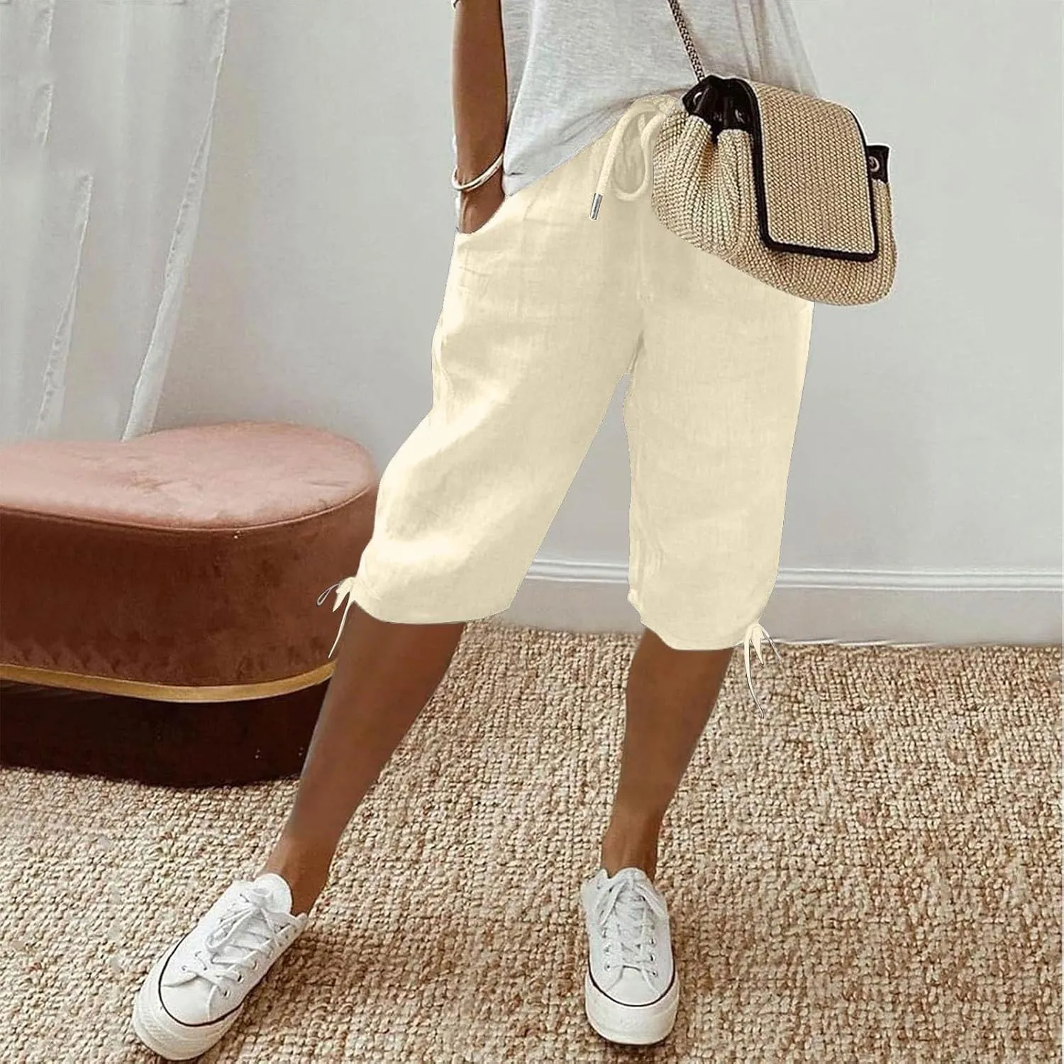 Linen Pants for Women Solid Color Casual Side Lace Summer Drawstring Pants with Pocket for Beach Vacations