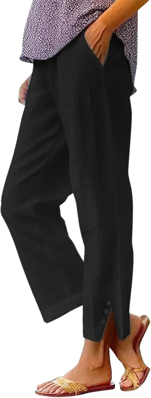 Linen Pants for Women Summer Elastic Waist Straight Leg Plus Size Crop Button Casual Beach Trousers with Pockets