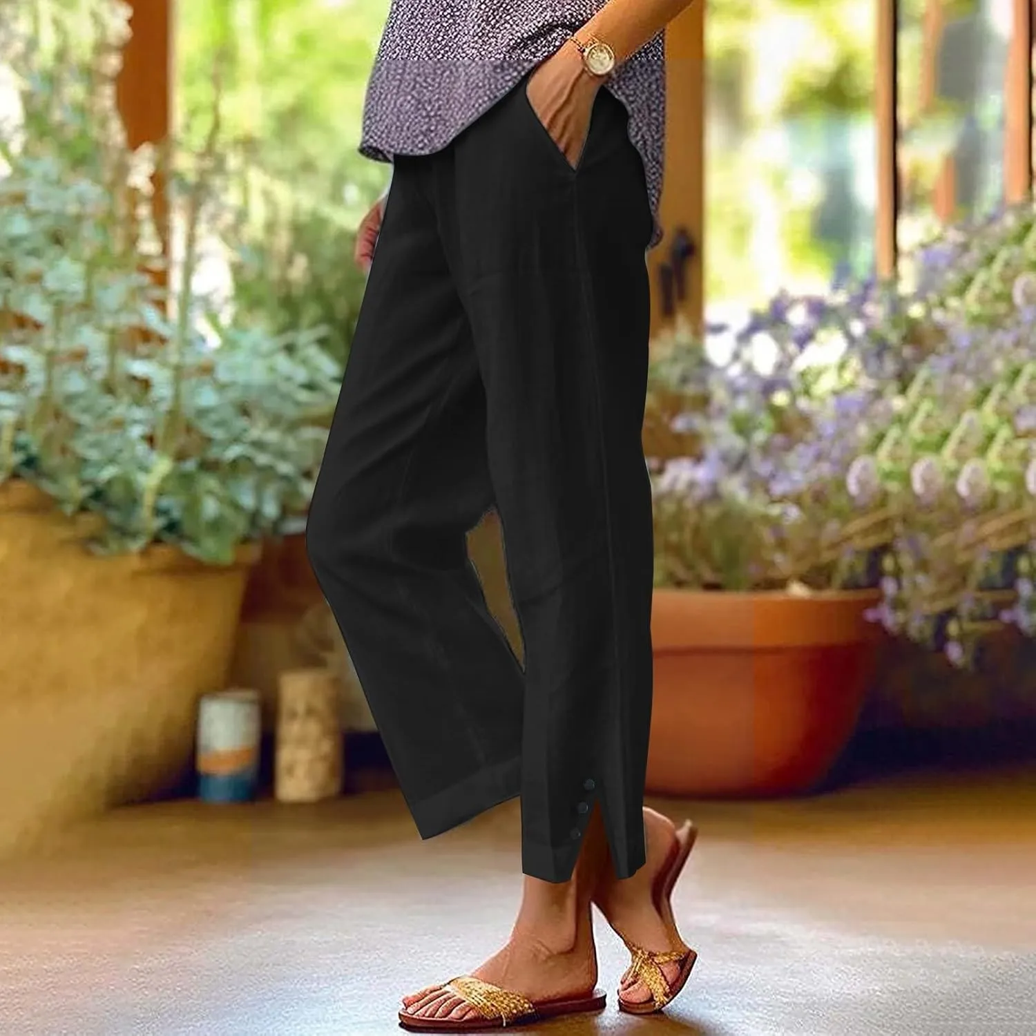 Linen Pants for Women Summer Elastic Waist Straight Leg Plus Size Crop Button Casual Beach Trousers with Pockets