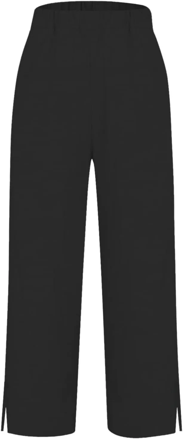 Linen Pants for Women Summer Elastic Waist Straight Leg Plus Size Crop Button Casual Beach Trousers with Pockets