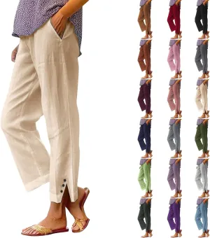Linen Pants for Women Summer High Waist Straight Leg Lounge Cropped Slacks Soft Side Slits Ankle Trouser with Pocket