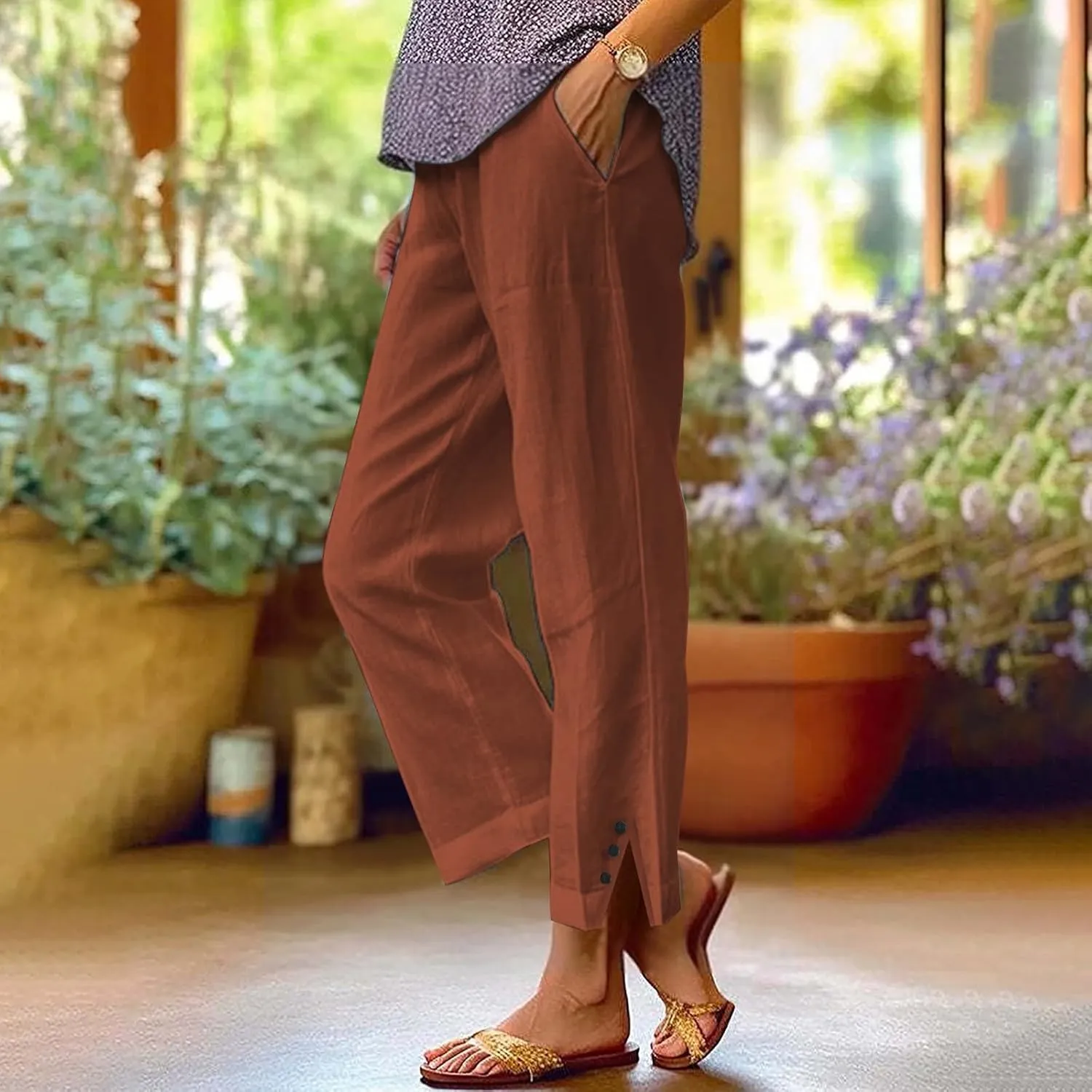 Linen Pants for Women Summer High Waist Straight Leg Lounge Cropped Slacks Soft Side Slits Ankle Trouser with Pocket